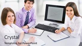  Presentation with five business people standing together and smiling - Audience pleasing PPT layouts consisting of executives walking inside metal gears backdrop and a dark gray colored foreground.