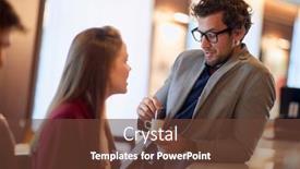  Presentation with young business people - Audience pleasing presentation design consisting of young-business-people-flirting backdrop and a tawny brown colored foreground