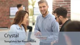  Presentation with business group meeting - Audience pleasing presentation design consisting of young business people group have backdrop and a light blue colored foreground