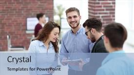  Presentation with business group meeting - Slide deck consisting of young business people group have background and a light blue colored foreground