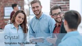  Presentation with business group meeting - Slide set enhanced with young-business-people-group background and a light blue colored foreground