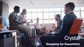  Presentation with business group meeting - PPT theme featuring young business people group have meeting and working in modern bright office indoor background and a wine colored foreground