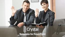  Presentation with business partner - Presentation theme enhanced with young business people having meeting at office sitting on sofa greeting a partner looking away background and a gray colored foreground