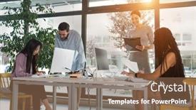  Presentation with empowered woman - PPT theme with young-business-people-in-discussion background and a violet colored foreground