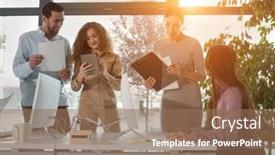  Presentation with team discussion - Amazing presentation design having young-business-people-in-discussion backdrop and a coral colored foreground