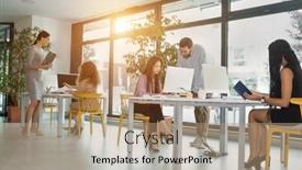  Presentation with young business people - PPT layouts having young-business-people-in-discussion background and a coral colored foreground