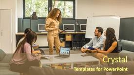  Presentation with young business people - Colorful PPT layouts enhanced with young-business-people-in-discussion backdrop and a coral colored foreground