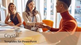  Presentation with atmosphere - Presentation theme with young-business-people-is-getting background and a coral colored foreground