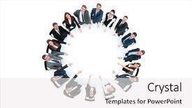  Presentation with diverse business people - PPT theme featuring young business people seated round background and a white colored foreground