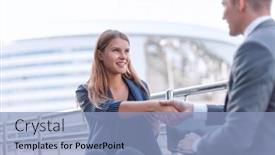  Presentation with young business people - PPT theme enhanced with young-business-people-shaking-hands background and a light blue colored foreground