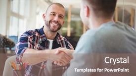  Presentation with young business people - Audience pleasing slide set consisting of young business people shaking hands backdrop and a coral colored foreground