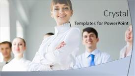  Presentation with young business people - PPT theme enhanced with young-business-people-standing background and a light gray colored foreground