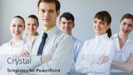  Presentation with young business people - Slide deck consisting of young-business-people-standing background and a light blue colored foreground