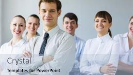  Presentation with young business people - PPT theme featuring young business people standing with arms crossed on chest background and a light blue colored foreground