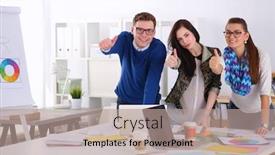  Presentation with business office desk - Colorful presentation design enhanced with young business people standing at office near desk and showing ok backdrop and a coral colored foreground