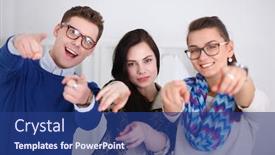  Presentation with business office desk - Presentation design featuring young business people standing at office near desk and pointing you background and a ocean colored foreground