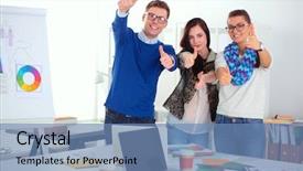  Presentation with business office desk - Presentation theme with young business people standing background and a teal colored foreground