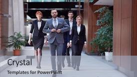  Presentation with young business people - Colorful PPT theme enhanced with young business people team walking backdrop and a light blue colored foreground