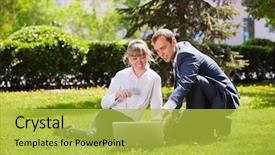  Presentation with business laptop globe - Presentation design with young business people with laptop background and a  colored foreground