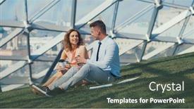  Presentation with paper cups - Slide deck featuring young business people with paper cups on a grass background and a dark gray colored foreground