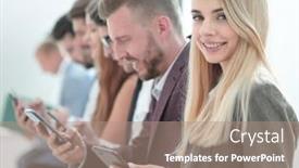  Presentation with smartphones - Audience pleasing PPT theme consisting of young-business-people-with-smartphones backdrop and a coral colored foreground