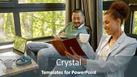  Presentation with strategic plan - Presentation theme consisting of young-business-people-working background and a ocean colored foreground