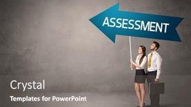  Presentation with assessment business - Presentation design enhanced with young-business-person-in-casual background and a gray colored foreground
