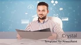  Presentation with operations business review - Audience pleasing presentation design consisting of young business person with operational system concept backdrop and a coral colored foreground