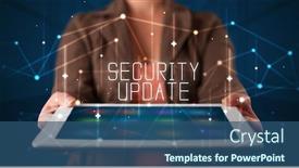  Presentation with business update - Slide set enhanced with young business person working on tablet and shows the digital sign security update background and a ocean colored foreground