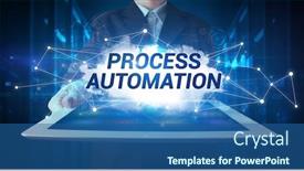  Presentation with process automation - Presentation design having young business person working on tablet and shows the inscription process automation background and a ocean colored foreground