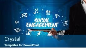  Presentation with engagement - Presentation theme featuring young business person working on tablet and shows the inscription social engagement background and a ocean colored foreground