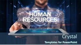  Presentation with human person - Audience pleasing presentation design consisting of young business person working on tablet and shows the inscription human resources business concept backdrop and a ocean colored foreground