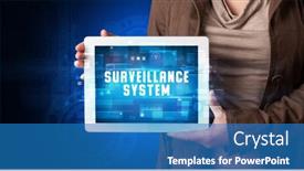  Presentation with surveillance - Slide set with young business person working on tablet and shows the digital sign surveillance system background and a teal colored foreground