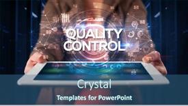  Presentation with quality control - Presentation design consisting of young business person working on tablet and shows the inscription quality control business concept background and a ocean colored foreground