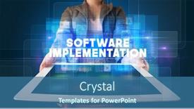  Presentation with software - Presentation theme having implemention - young business person working background and a ocean colored foreground