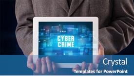  Presentation with cyber crime - PPT theme with young business person working on tablet and shows the digital sign cyber crime background and a teal colored foreground