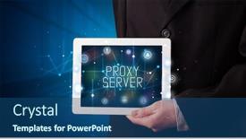  Presentation with server - Presentation theme consisting of young business person working on tablet and shows the digital sign proxy server background and a ocean colored foreground