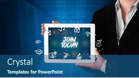  Presentation with today - Beautiful PPT layouts featuring young business person working on tablet and shows the inscription join today backdrop and a ocean colored foreground