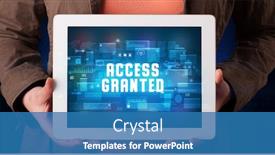  Presentation with tablet - PPT theme enhanced with young-business-person-working background and a teal colored foreground