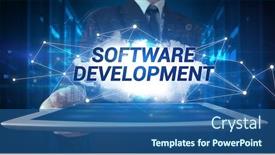  Presentation with software - Cool new slide deck with young-business-person-working backdrop and a ocean colored foreground