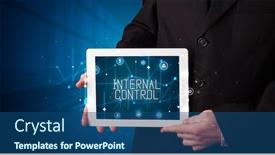  Presentation with tablet - Beautiful presentation theme featuring young-business-person-working backdrop and a ocean colored foreground