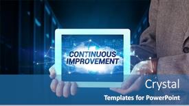  Presentation with continuous improvement - PPT theme enhanced with young-business-person-working background and a teal colored foreground