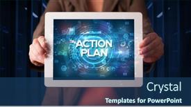  Presentation with action plan - Audience pleasing PPT theme consisting of young-business-person-working backdrop and a ocean colored foreground