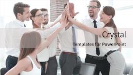  Presentation with giving - Colorful presentation design enhanced with young business team giving each backdrop and a soft green colored foreground