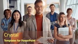  Presentation with atmosphere - Slide deck enhanced with young-business-team-is-standing background and a tawny brown colored foreground