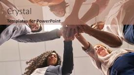  Presentation with team building - Slides enhanced with young-business-team-stacking-hands background and a coral colored foreground