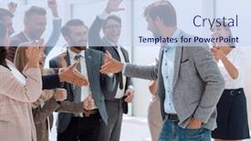  Presentation with team leader - Beautiful slides featuring young-business-team-welcoming backdrop and a sky blue colored foreground