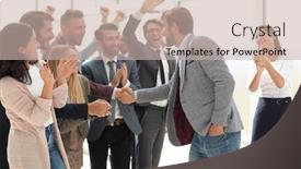  Presentation with team leader - PPT theme featuring young-business-team-welcoming background and a soft green colored foreground