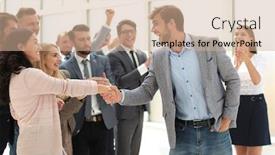  Presentation with team leader - Slide set with young-business-team-welcoming background and a coral colored foreground