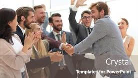  Presentation with team leader - Amazing PPT layouts having young-business-team-welcoming backdrop and a gray colored foreground